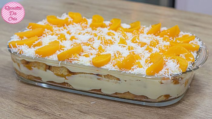 BOLO GELADO NA TRAVESSA DE CREME COM PESSEGO | SUPER FÁCIL E RÁPIDO | RECEITAS DA CRIS